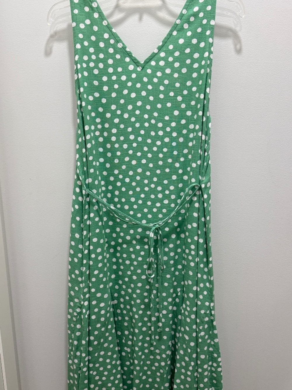 Mint Green Polka Dot Loft Sleeveless Linen Spring Sundress, Size Large Petite